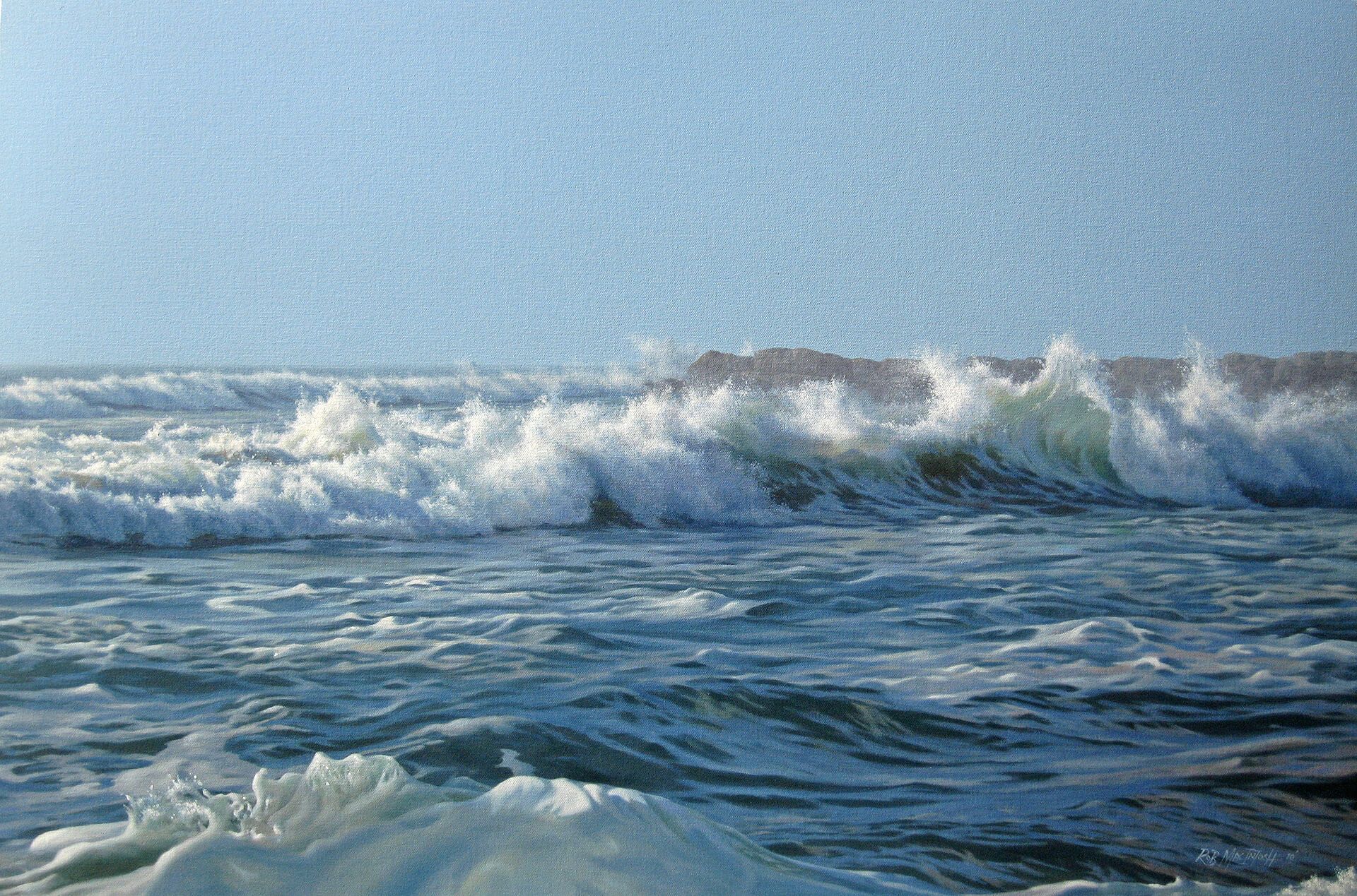 Photorealistic painting of waves crashing on the south coast