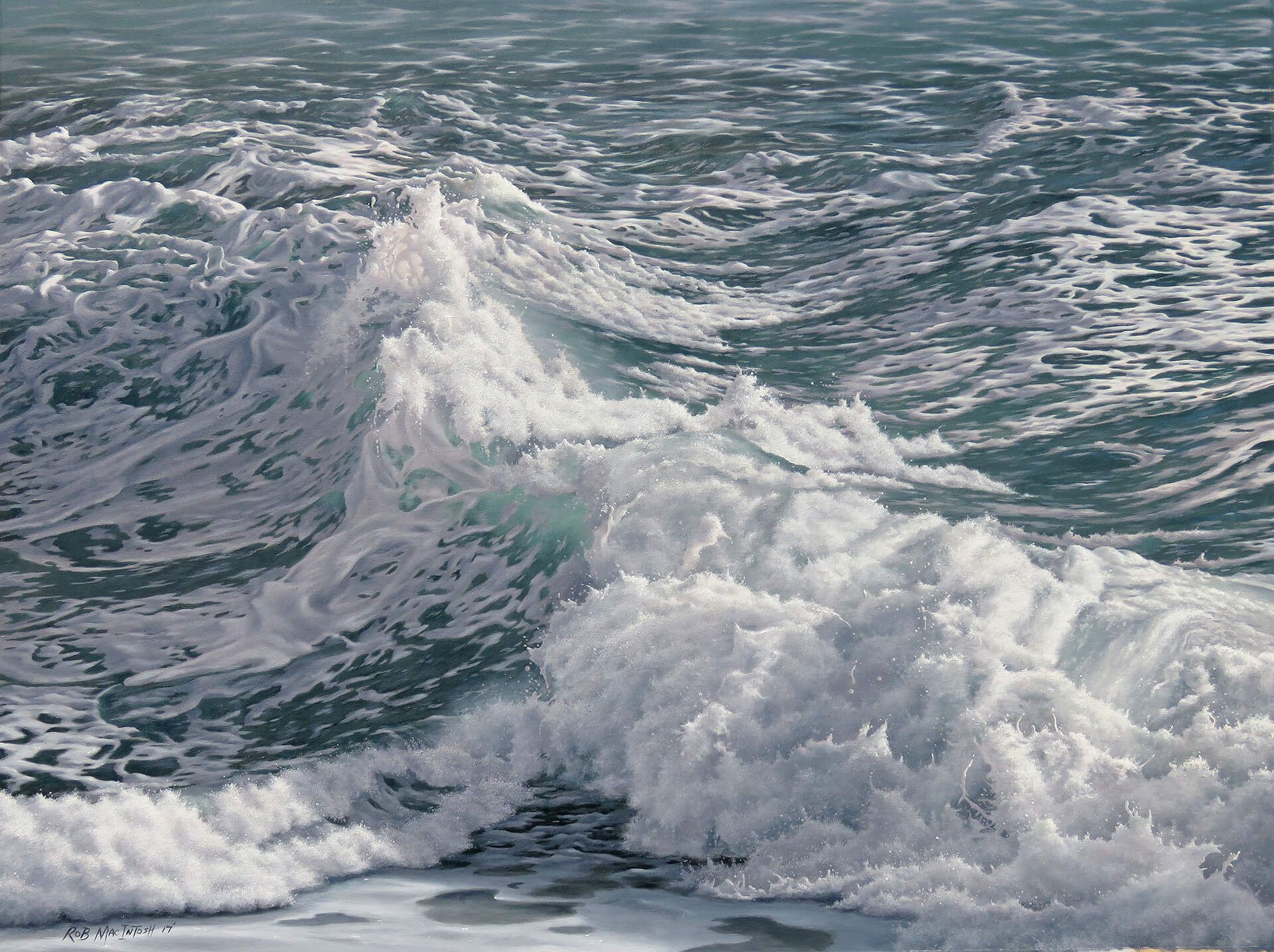 Photorealistic painting of waves crashing together