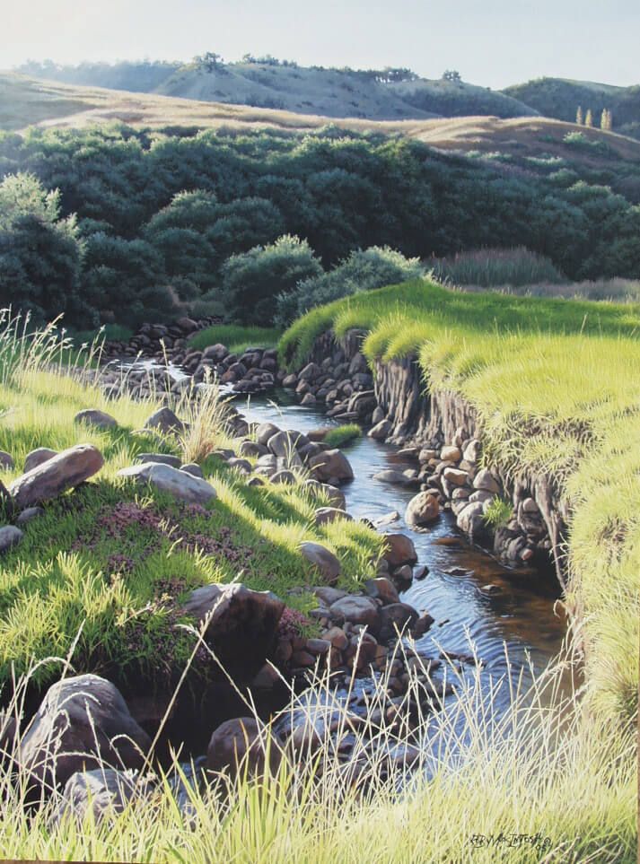 Photorealistic painting of a stream running through a field in to a forest