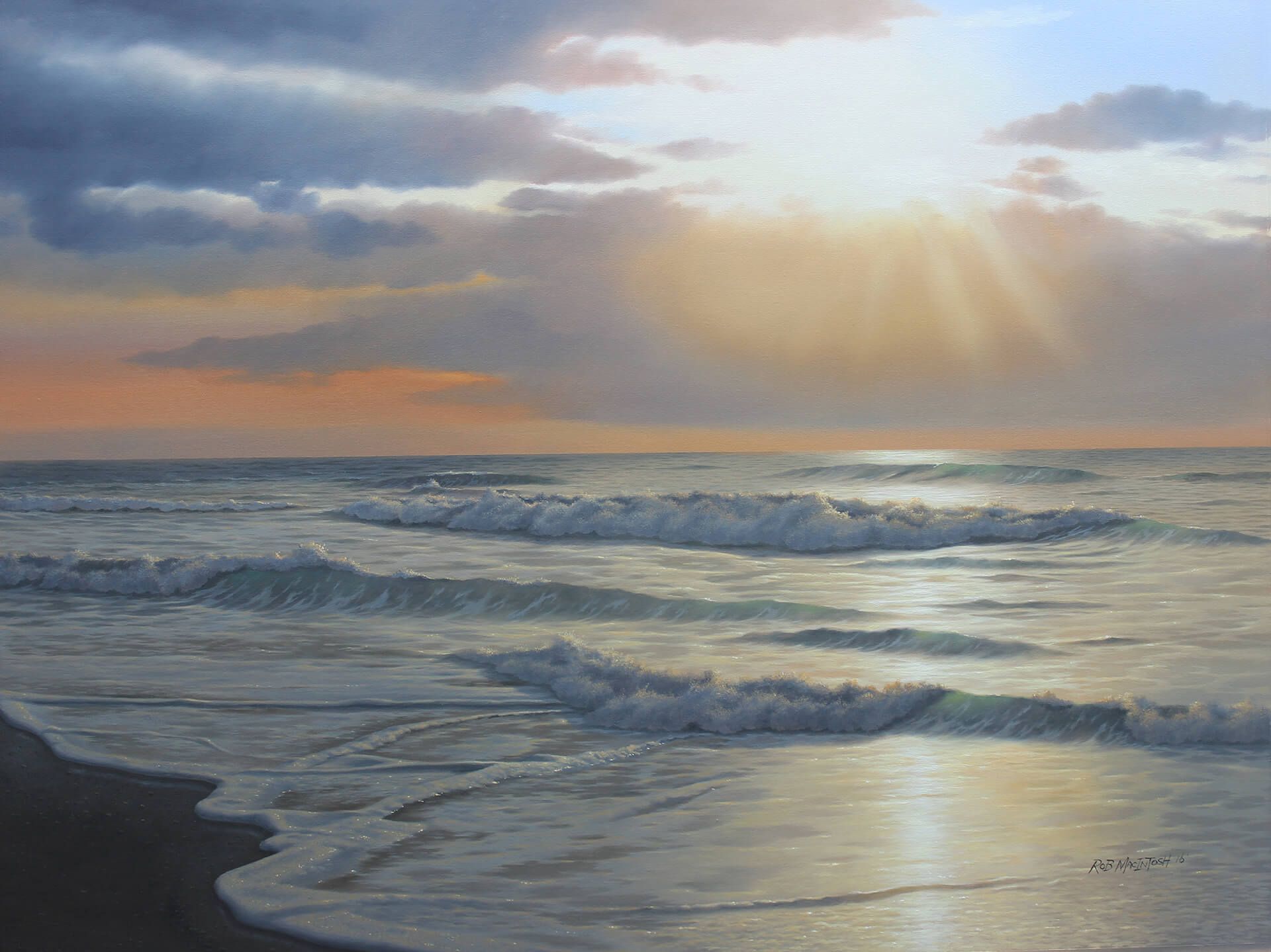 Photorealistic painting of a sunset over gentle waves lapping on a beach