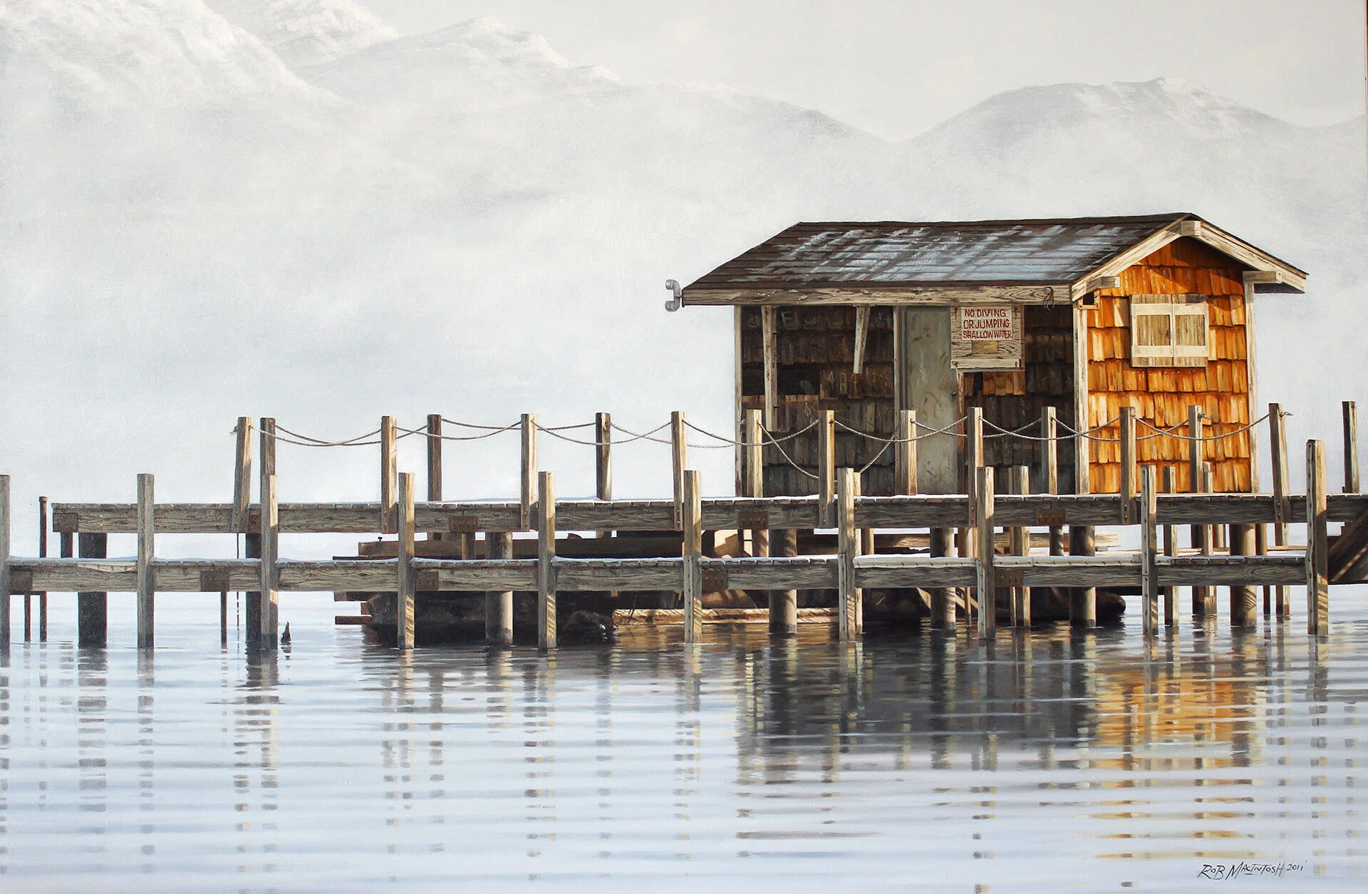 Photorealistic painting of a hut built on the pier on a lake