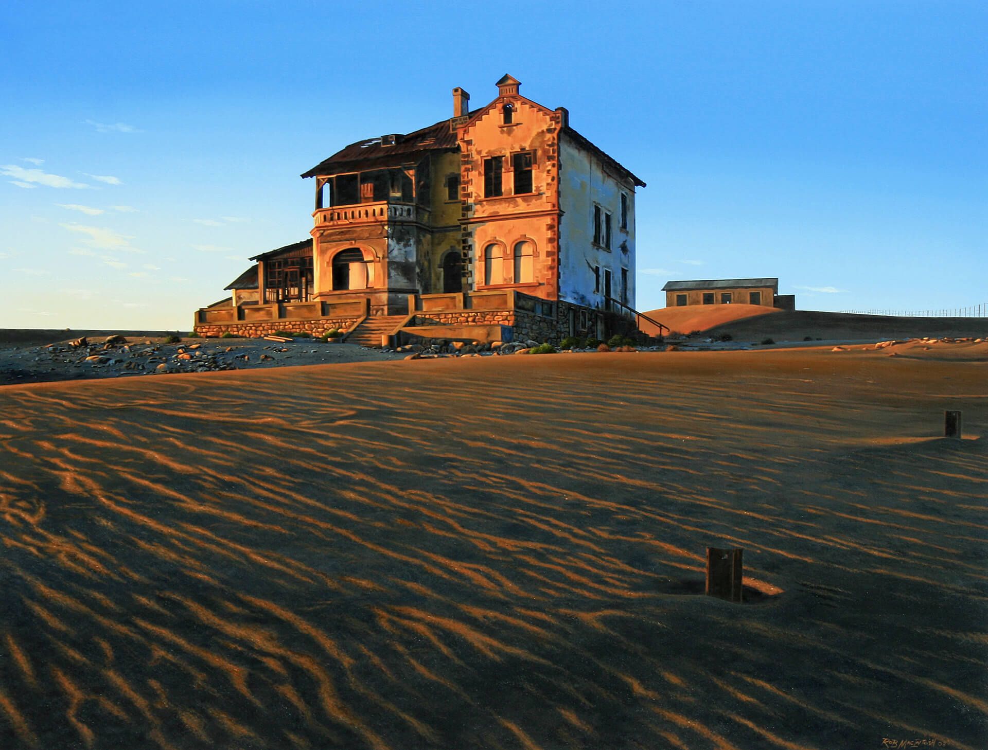 Photorealistic painting of a house on the beach