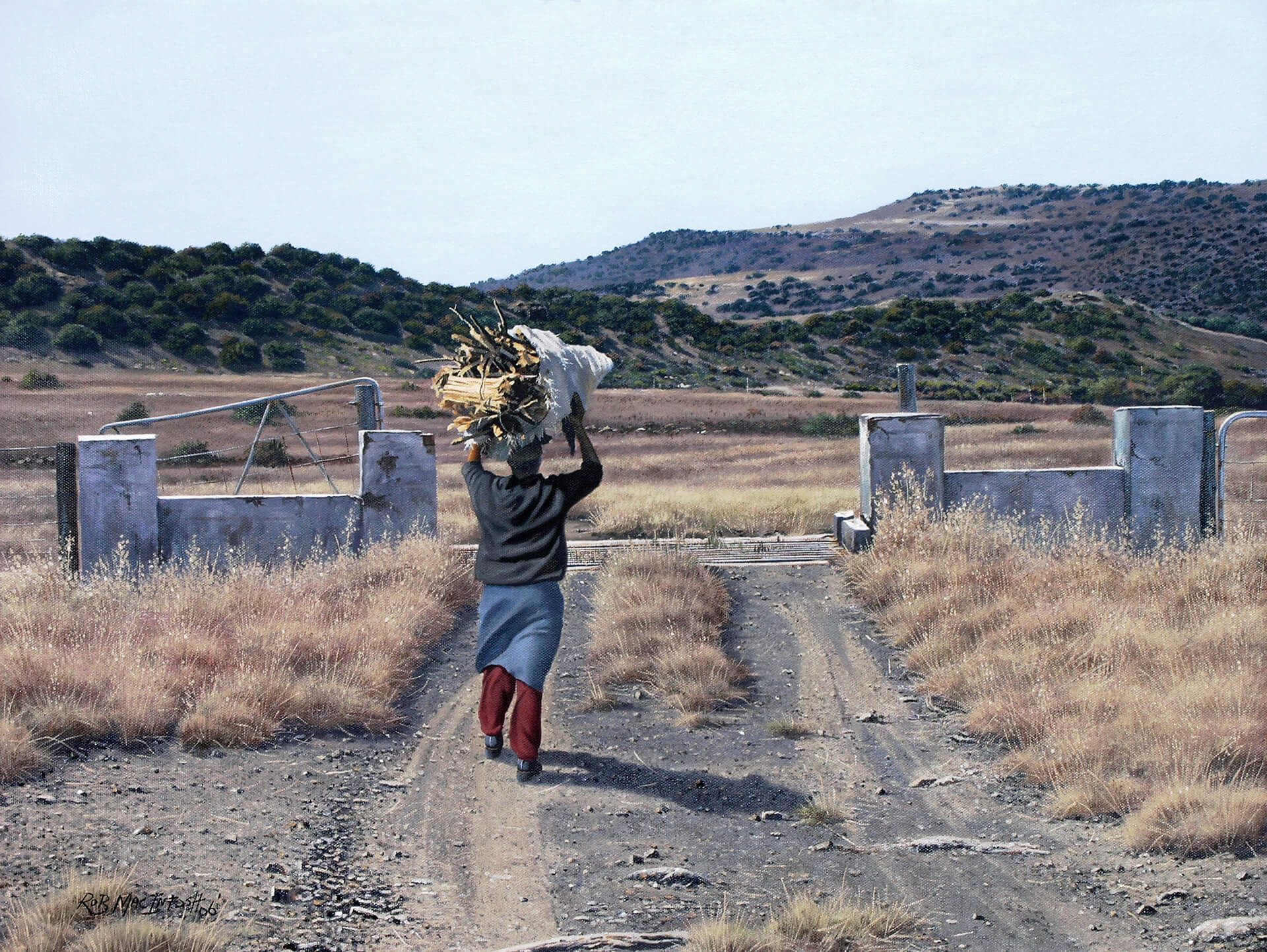 Photorealistic painting a man carrying a large bundle to a road crossing