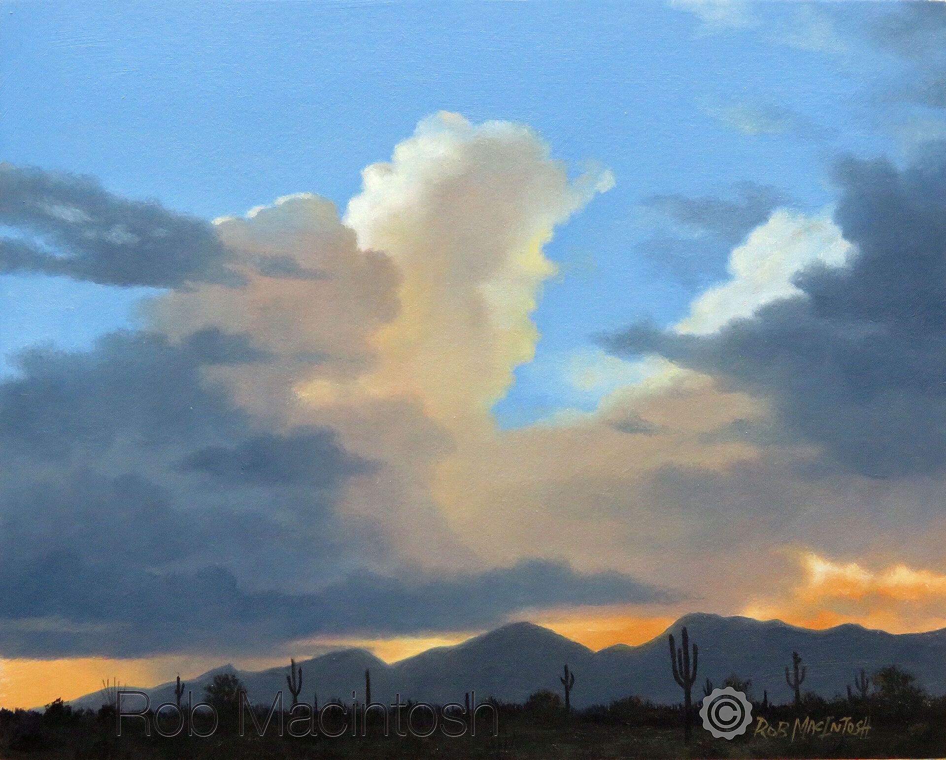 Photorealistic painting of large storm clouds over the Sonoran Desert